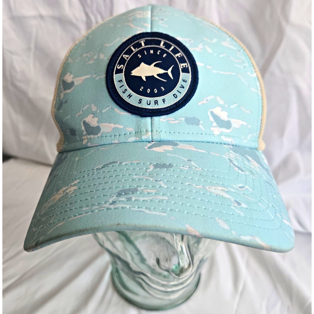 Salt Life Live Salty Fish Logo Camo Mesh Trucker Hat Blue Beige One Size